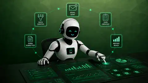 Admin automation in motion: forms sorted, emails sent, tasks created, reports generated, all running on their own